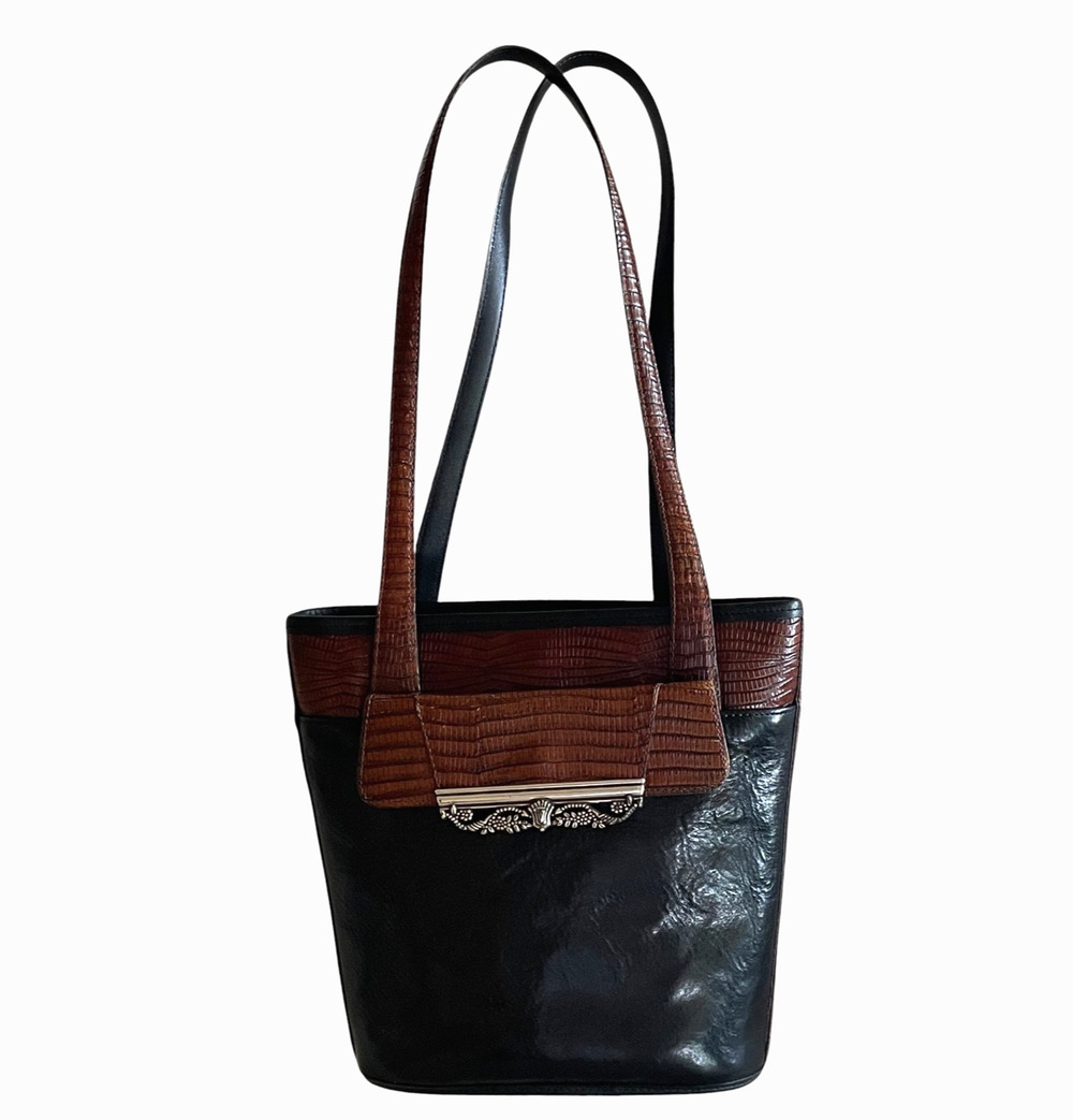 BRIGHTON Women's Black Brown Croc Embossed Leather Bucket Style Shoulder Bag